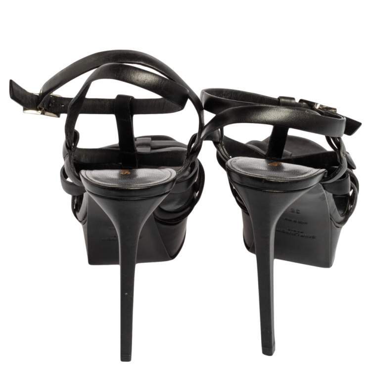 مملوكة مسبقًا Saint Laurent Black Leather Strappy Platform Sandals Size 38