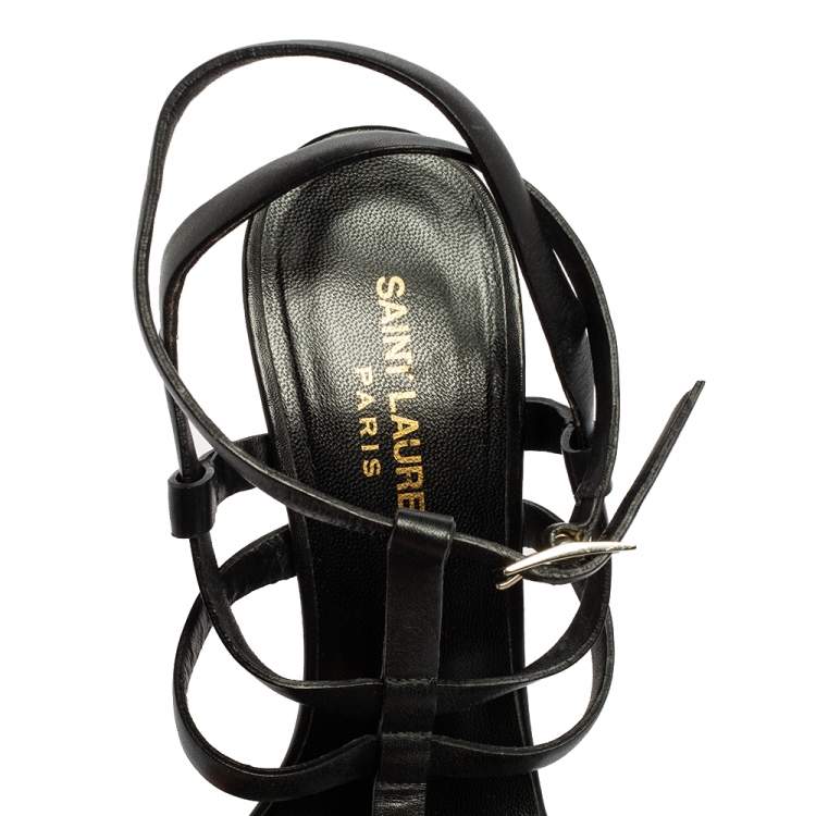 مملوكة مسبقًا Saint Laurent Black Leather Strappy Platform Sandals Size 38