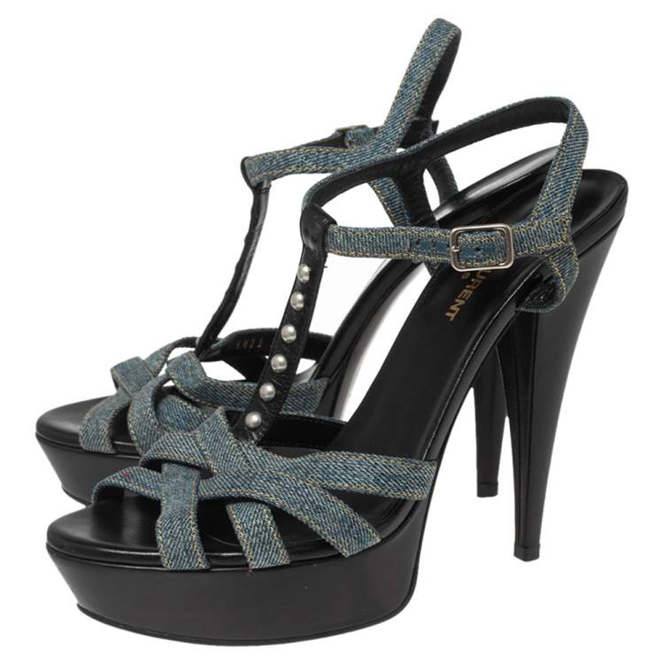 Pre Owned Saint Laurent Blue Denim Tribute Platform Sandals Size 39