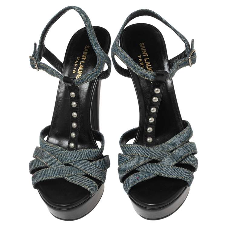 Pre Owned Saint Laurent Blue Denim Tribute Platform Sandals Size 39