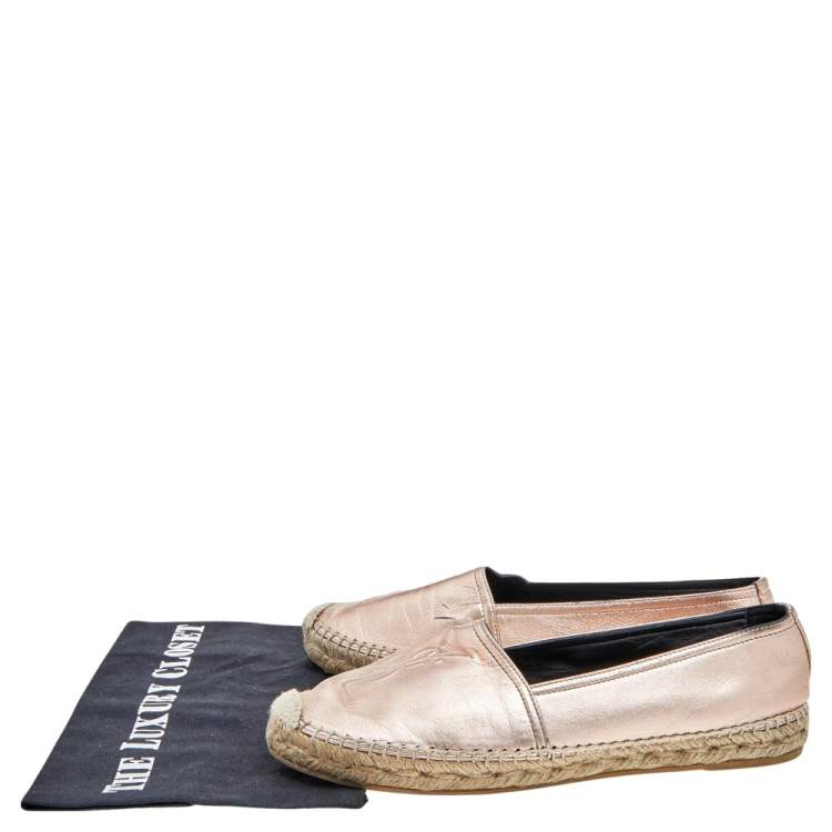 Pre Owned Saint Laurent Metallic Rose Gold Leather Logo Espadrille Flats Size 39