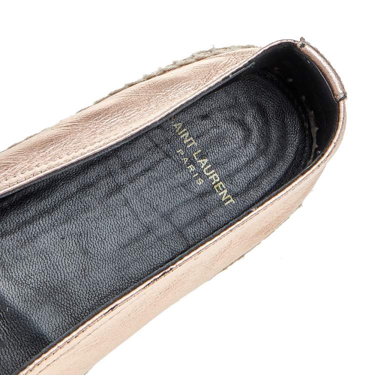 Pre Owned Saint Laurent Metallic Rose Gold Leather Logo Espadrille Flats Size 39