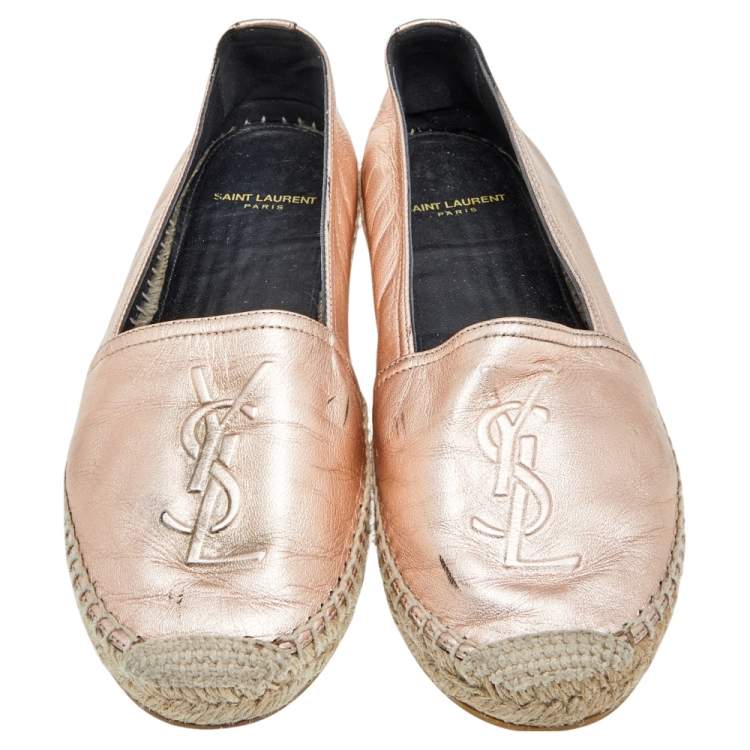 Pre Owned Saint Laurent Metallic Rose Gold Leather Logo Espadrille Flats Size 39