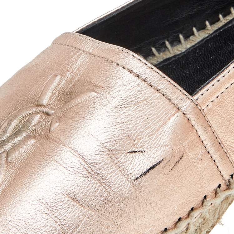 Pre Owned Saint Laurent Metallic Rose Gold Leather Logo Espadrille Flats Size 39