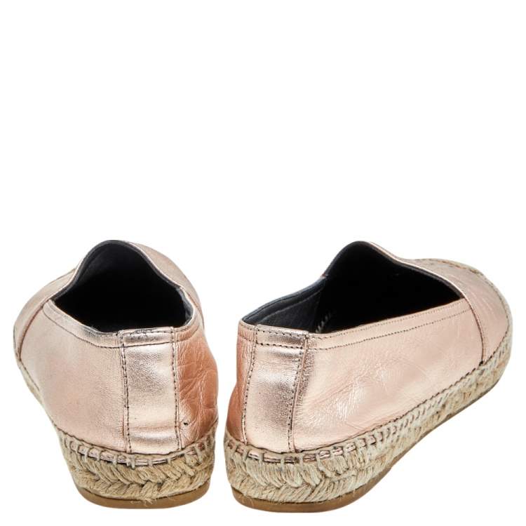 Pre Owned Saint Laurent Metallic Rose Gold Leather Logo Espadrille Flats Size 39