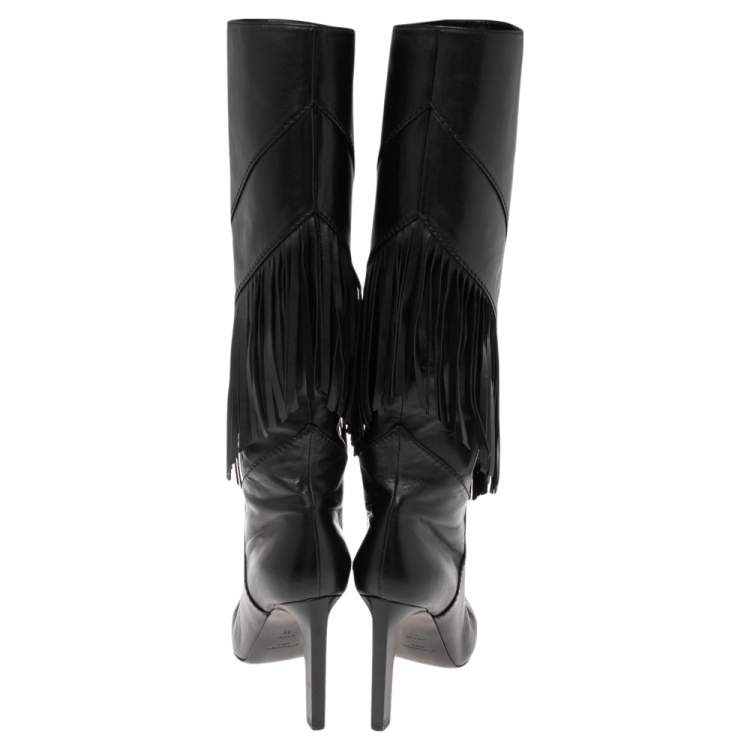 Pre Owned Saint Laurent Black Leather Fringe Grace Knee High Boots Size 39