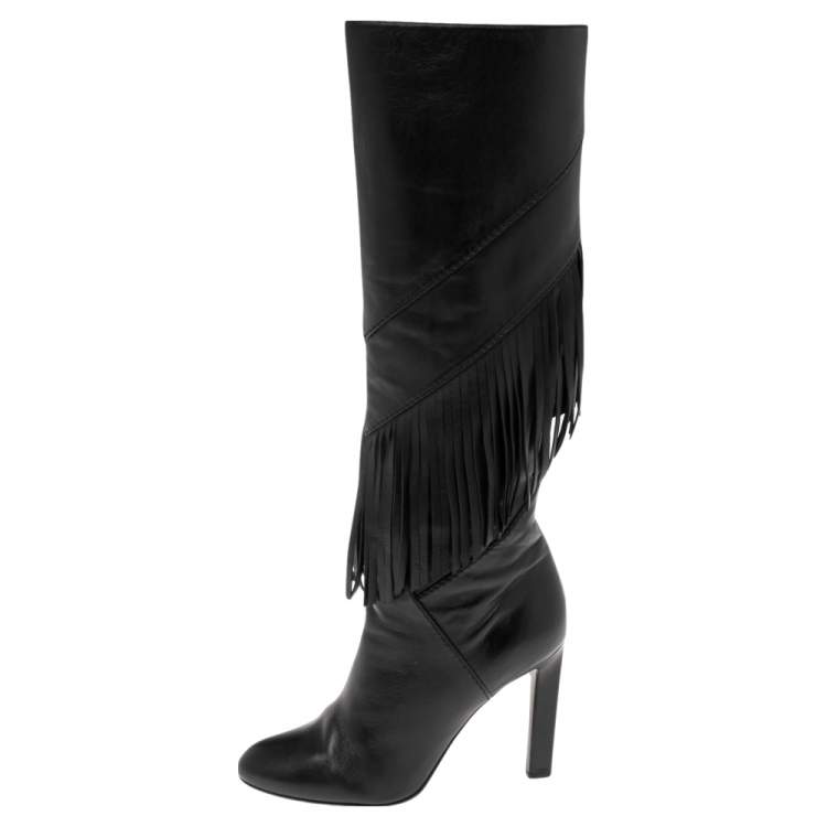 Pre Owned Saint Laurent Black Leather Fringe Grace Knee High Boots Size 39
