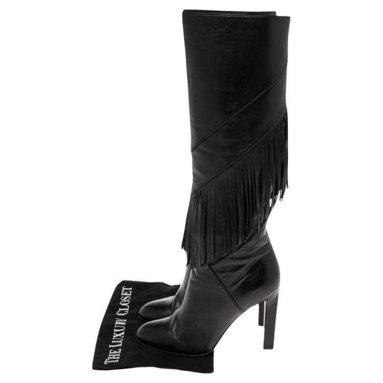Pre Owned Saint Laurent Black Leather Fringe Grace Knee High Boots Size 39
