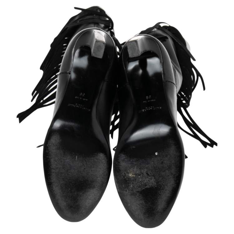 Pre Owned Saint Laurent Black Leather Fringe Grace Knee High Boots Size 39