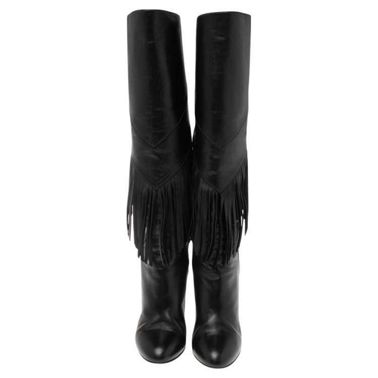Pre Owned Saint Laurent Black Leather Fringe Grace Knee High Boots Size 39