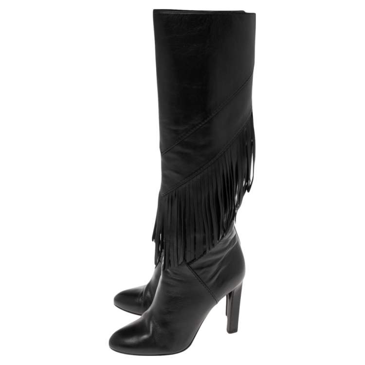 Pre Owned Saint Laurent Black Leather Fringe Grace Knee High Boots Size 39