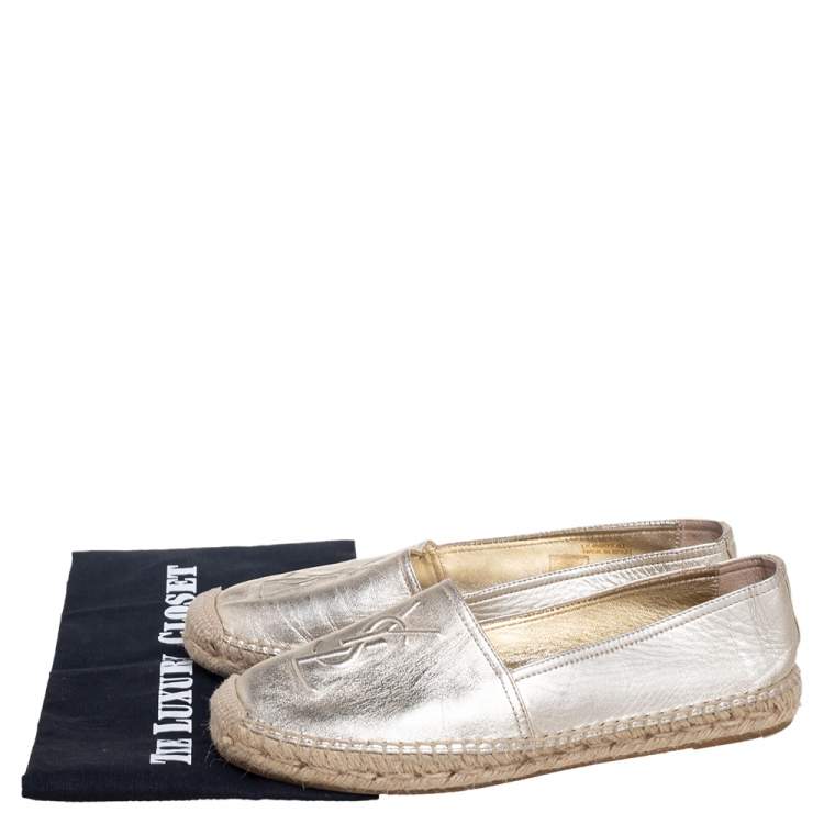 Pre Owned Saint Laurent Gold Leather Monogram Espadrilles Size 40