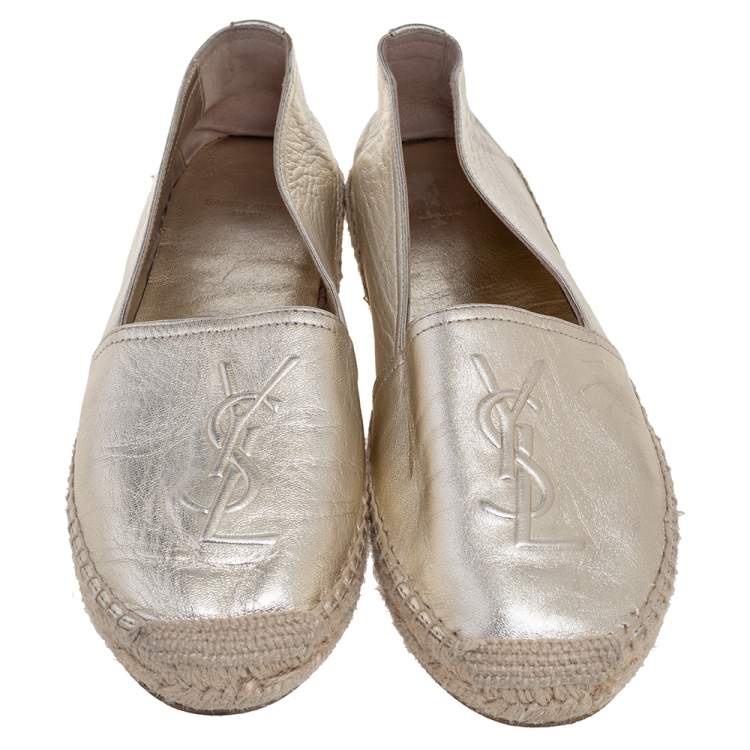 Pre Owned Saint Laurent Gold Leather Monogram Espadrilles Size 40