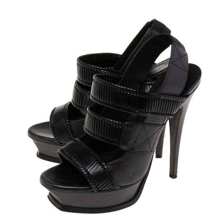 Pre Owned Saint Laurent Black Leather Strappy Slingback Sandals Size 38