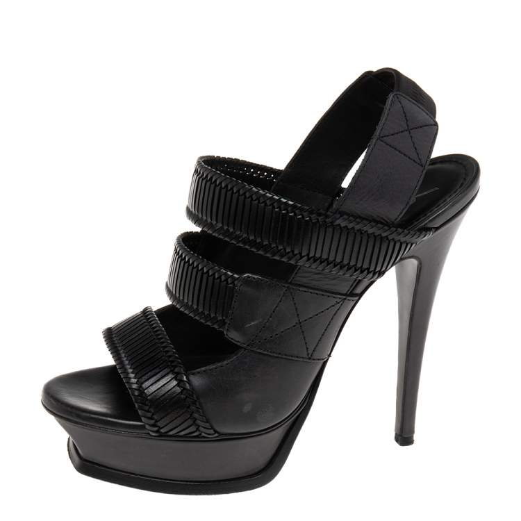 Pre Owned Saint Laurent Black Leather Strappy Slingback Sandals Size 38
