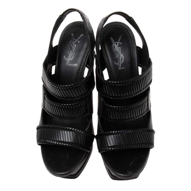 Pre Owned Saint Laurent Black Leather Strappy Slingback Sandals Size 38
