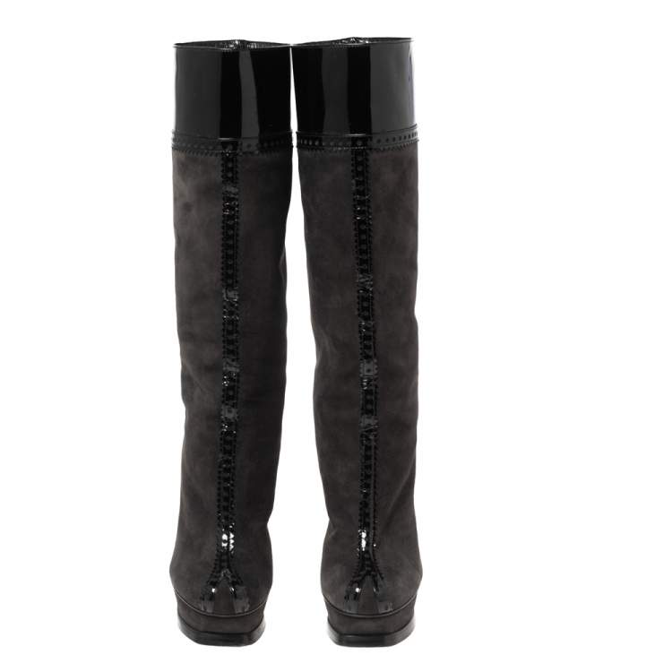 Pre Owned Saint Laurent Black/Grey Suede And Patent Leather Platform Knee Boots Size 37.5
