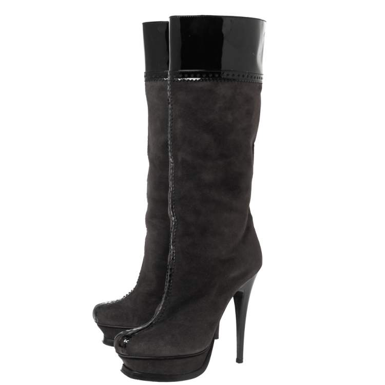 Pre Owned Saint Laurent Black/Grey Suede And Patent Leather Platform Knee Boots Size 37.5