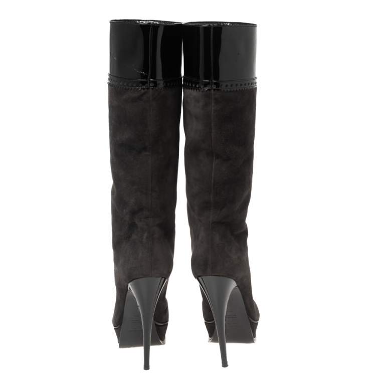 Pre Owned Saint Laurent Black/Grey Suede And Patent Leather Platform Knee Boots Size 37.5