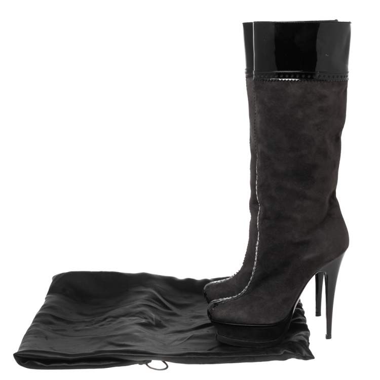 Pre Owned Saint Laurent Black/Grey Suede And Patent Leather Platform Knee Boots Size 37.5