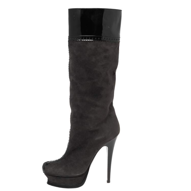 Pre Owned Saint Laurent Black/Grey Suede And Patent Leather Platform Knee Boots Size 37.5