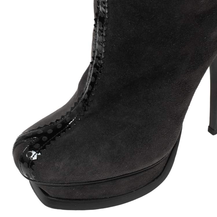 Pre Owned Saint Laurent Black/Grey Suede And Patent Leather Platform Knee Boots Size 37.5