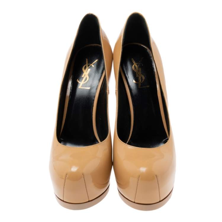Pre Owned Saint Laurent Beige Patent Leather Tribtoo Platform Pumps Size 37.5