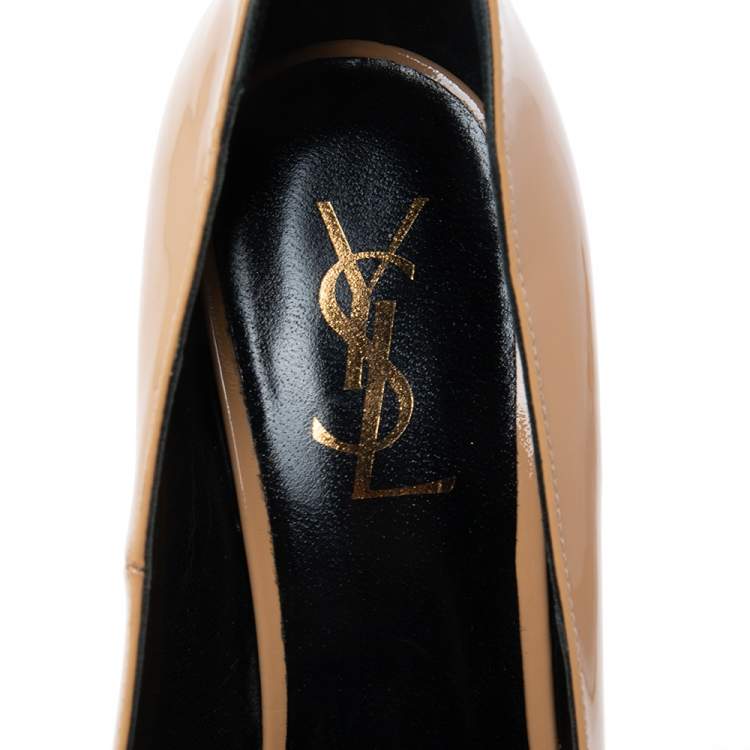 Pre Owned Saint Laurent Beige Patent Leather Tribtoo Platform Pumps Size 37.5