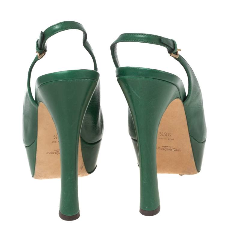 مملوكة مسبقًا Saint Laurent Green Leather Peep Toe Platform Slingback Sandals Size 38.5