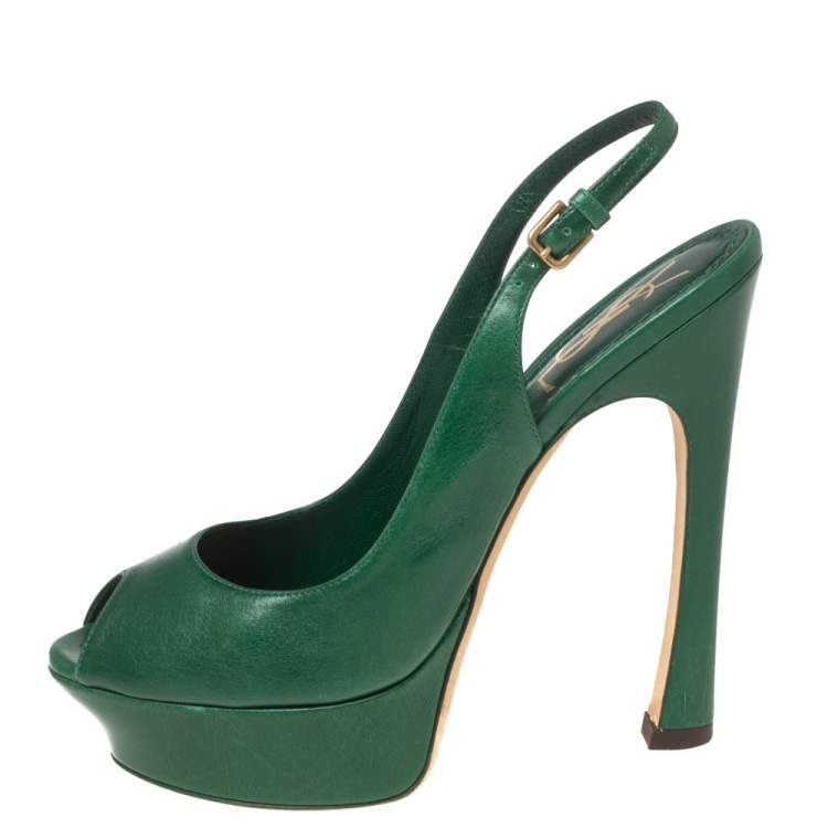 مملوكة مسبقًا Saint Laurent Green Leather Peep Toe Platform Slingback Sandals Size 38.5