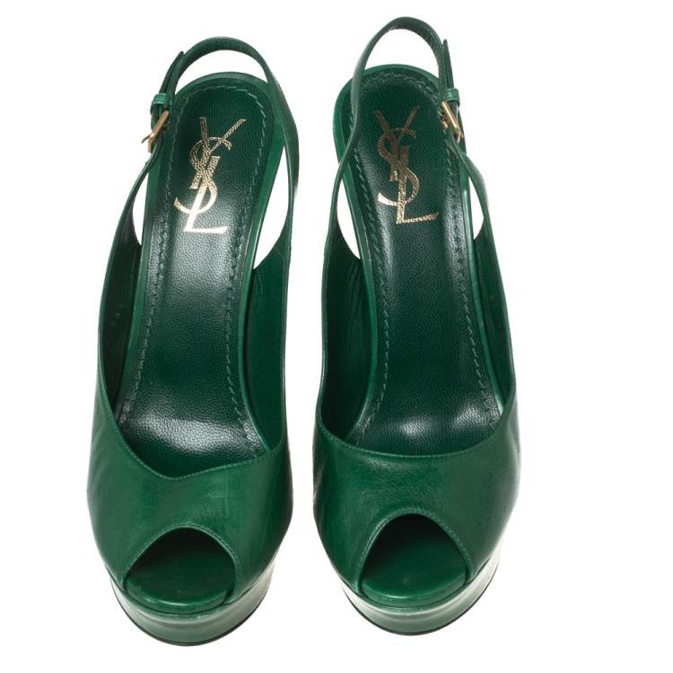 مملوكة مسبقًا Saint Laurent Green Leather Peep Toe Platform Slingback Sandals Size 38.5