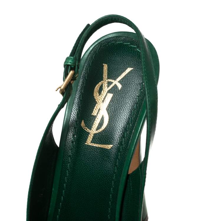 مملوكة مسبقًا Saint Laurent Green Leather Peep Toe Platform Slingback Sandals Size 38.5