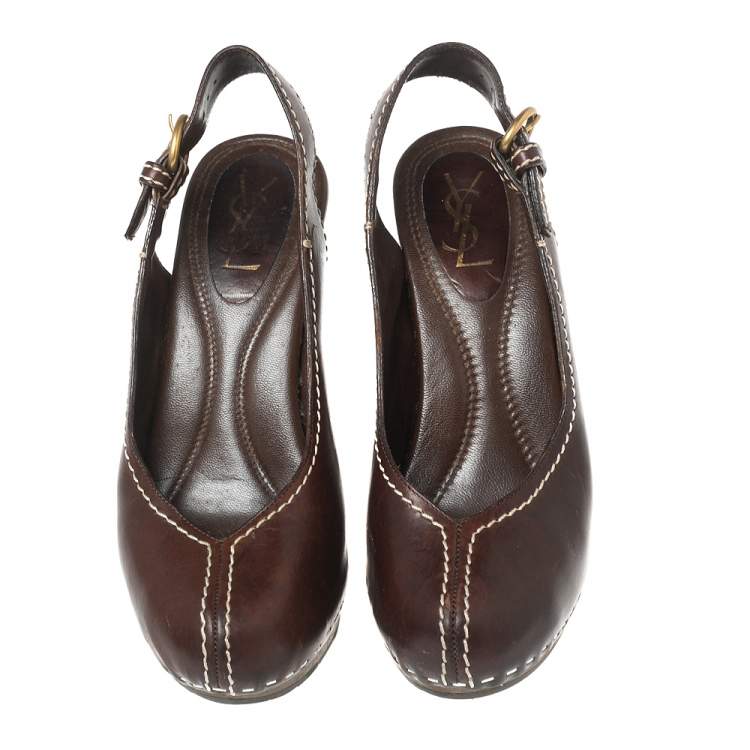 Pre Owned Saint Laurent Brown Leather Platform Slingback Sandals Size 36