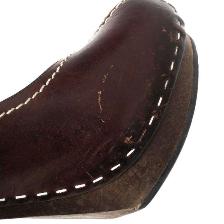 Pre Owned Saint Laurent Brown Leather Platform Slingback Sandals Size 36