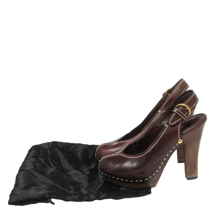 Pre Owned Saint Laurent Brown Leather Platform Slingback Sandals Size 36