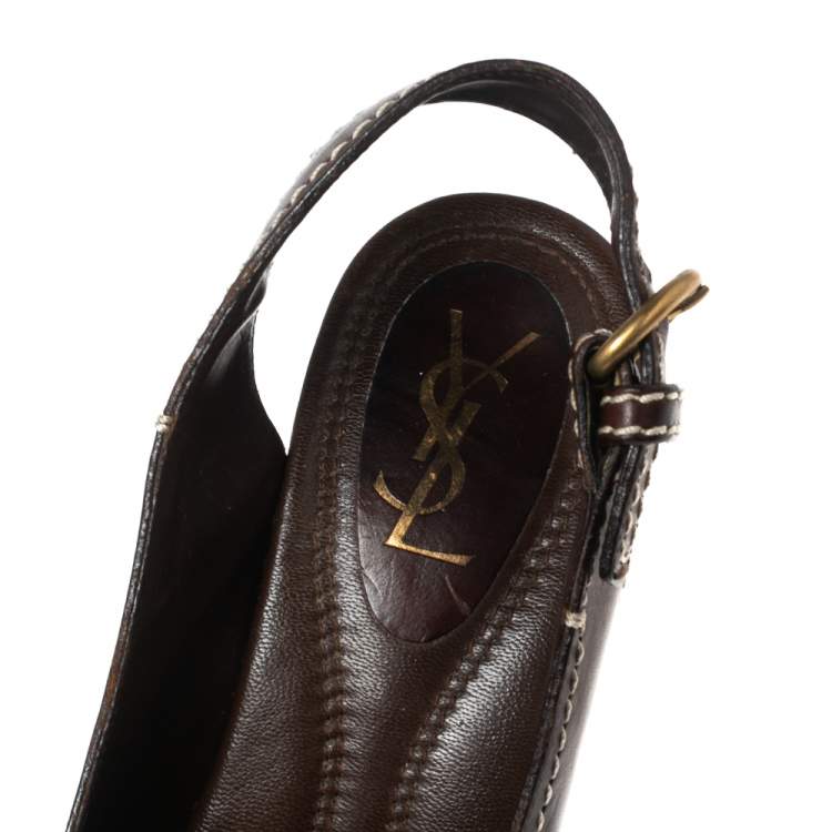 Pre Owned Saint Laurent Brown Leather Platform Slingback Sandals Size 36