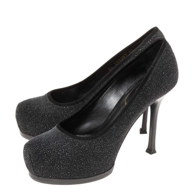 مملوكة مسبقًا Saint Laurent Black Glitter and Suede Trim Tribtoo Pumps Size 36