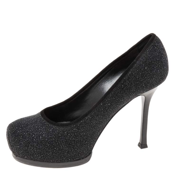مملوكة مسبقًا Saint Laurent Black Glitter and Suede Trim Tribtoo Pumps Size 36