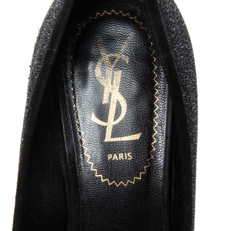 مملوكة مسبقًا Saint Laurent Black Glitter and Suede Trim Tribtoo Pumps Size 36