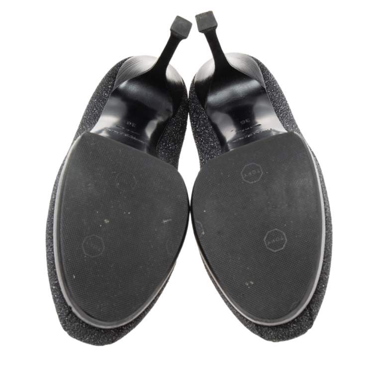 مملوكة مسبقًا Saint Laurent Black Glitter and Suede Trim Tribtoo Pumps Size 36