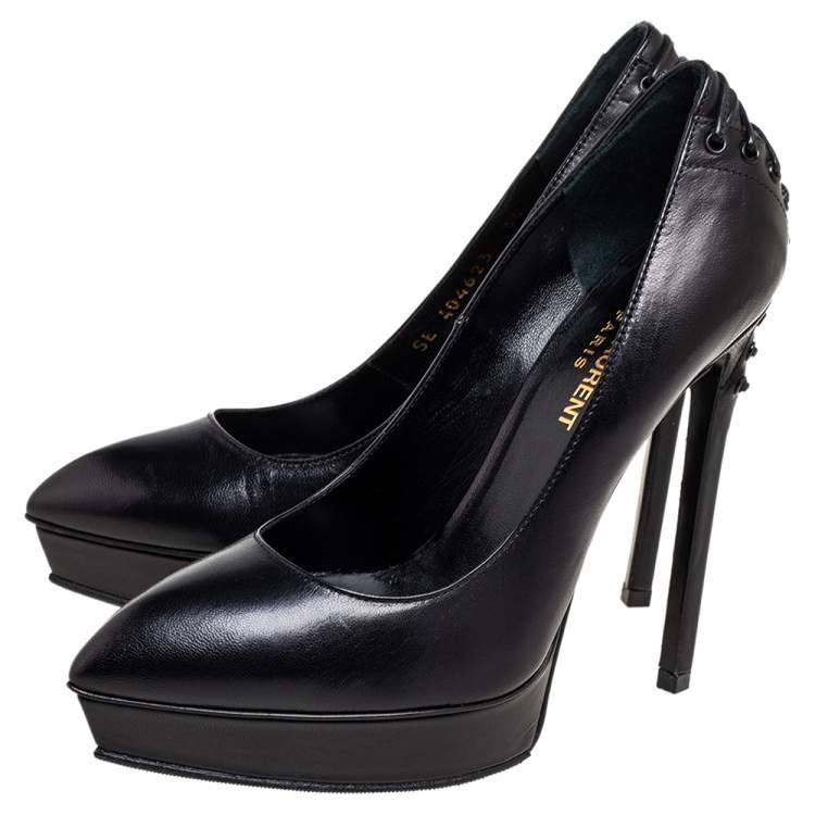 Pre Owned Saint Laurent Black Leather Lace-Up Janis Platform Pumps Size 36
