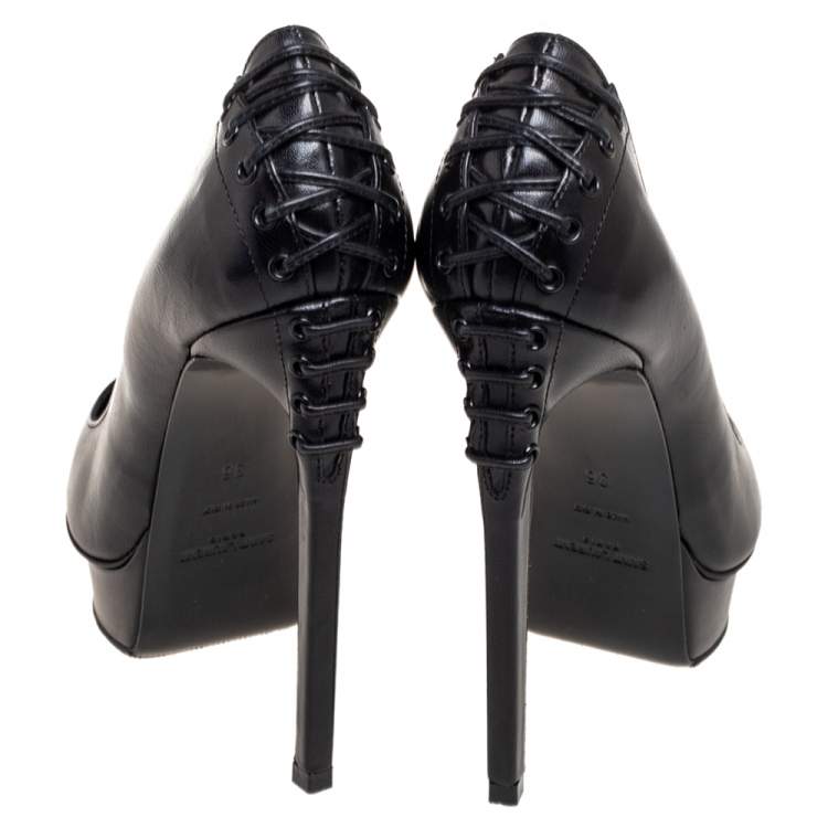 Pre Owned Saint Laurent Black Leather Lace-Up Janis Platform Pumps Size 36