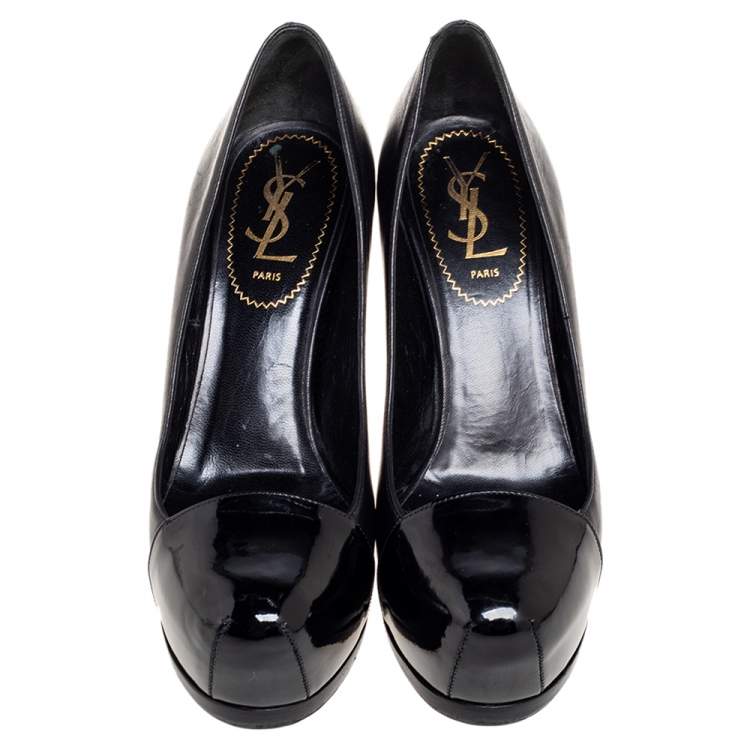 Pre Owned Saint Laurent Black Patent And Leather Tribtoo Round Toe Pumps Size 36