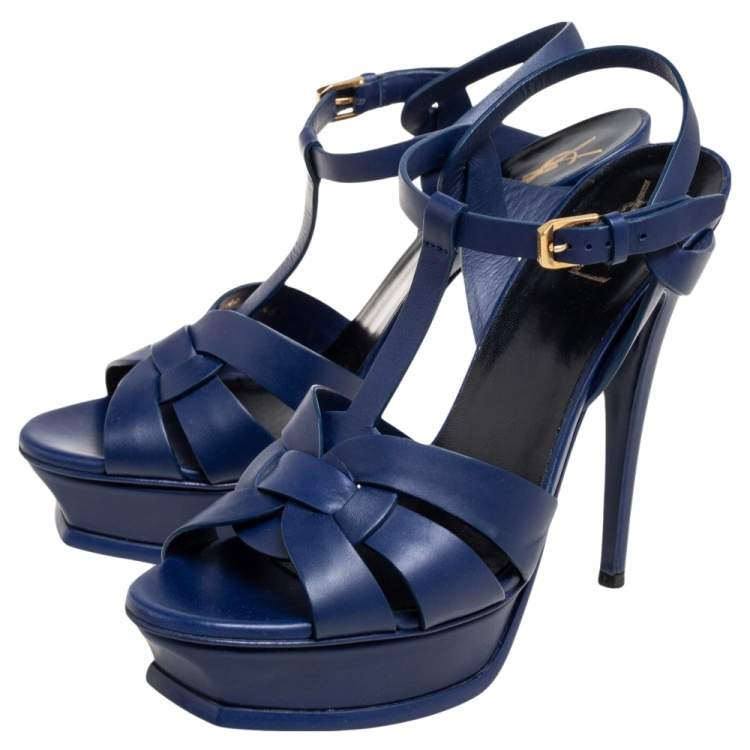 Pre Owned Saint Laurent Blue Leather Tribute Sandals Size 40.5