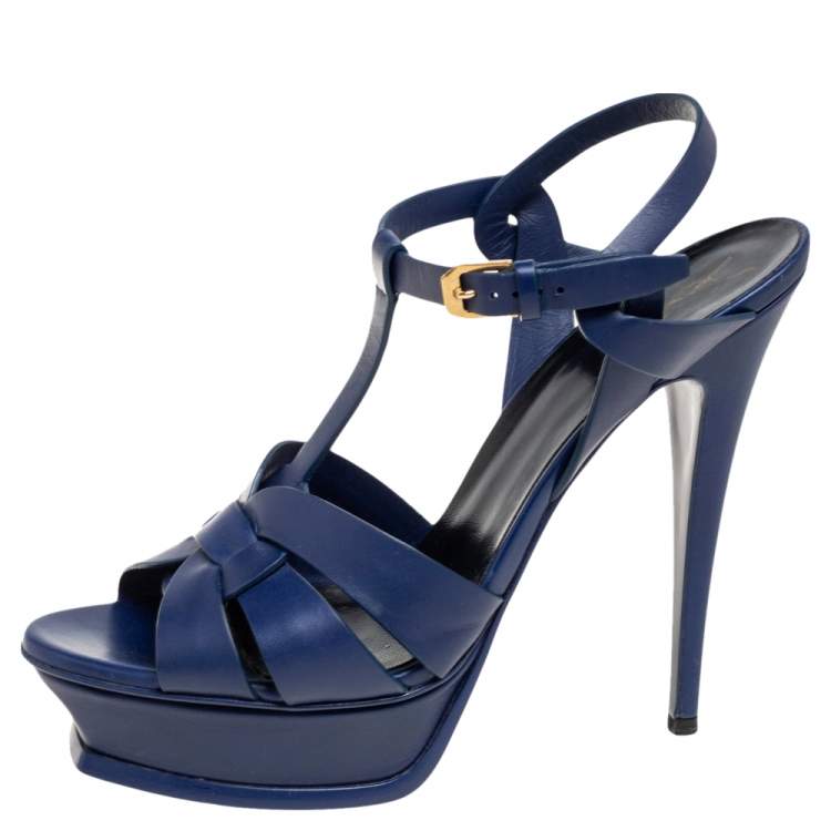 Pre Owned Saint Laurent Blue Leather Tribute Sandals Size 40.5