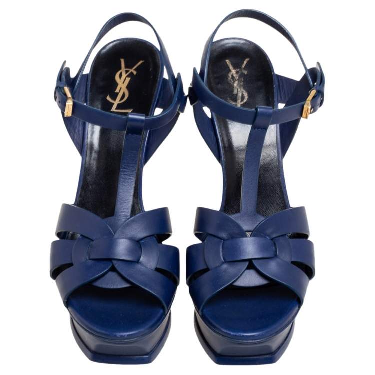 Pre Owned Saint Laurent Blue Leather Tribute Sandals Size 40.5