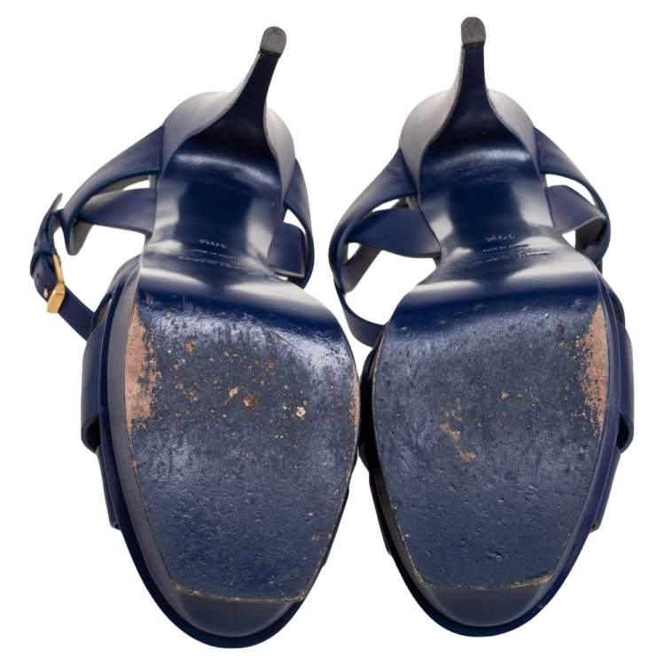 Pre Owned Saint Laurent Blue Leather Tribute Sandals Size 40.5