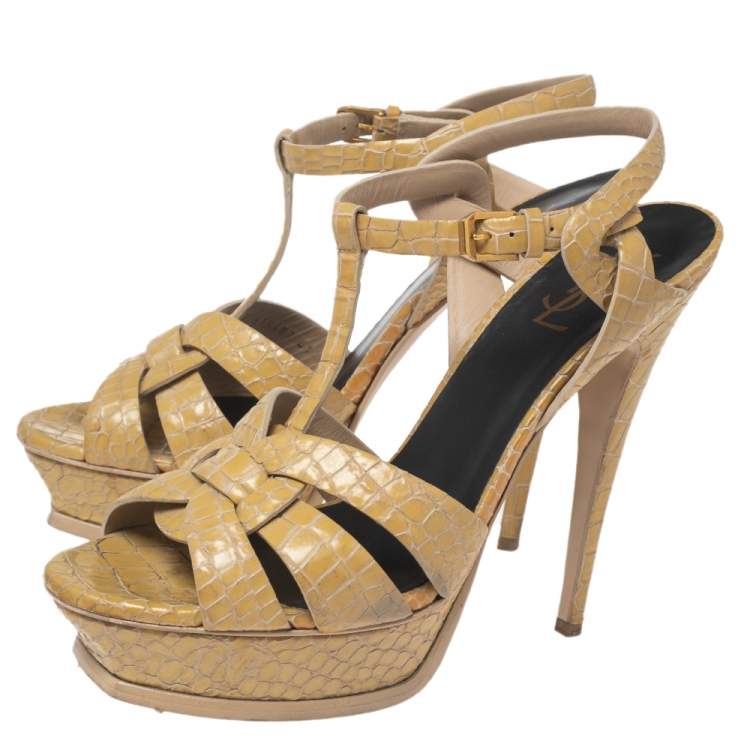 Pre Owned Saint Laurent Beige Croc Embossed Leather Tribute Platform Sandals Size 41