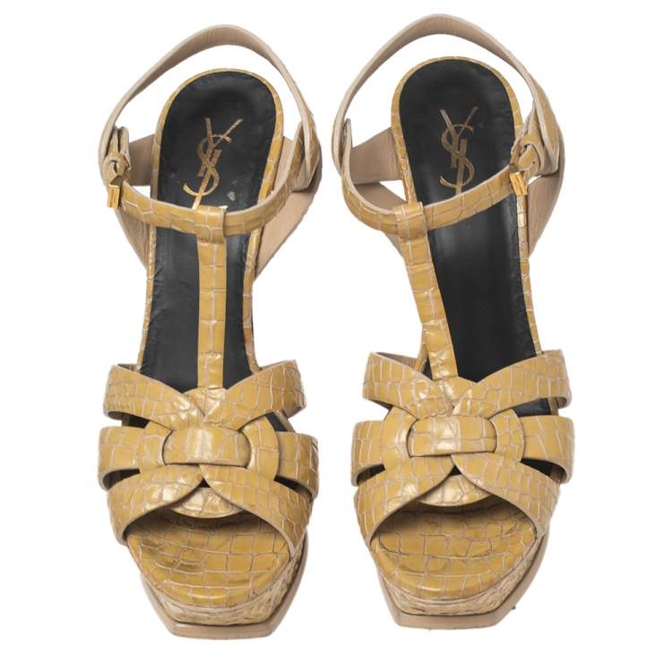 Pre Owned Saint Laurent Beige Croc Embossed Leather Tribute Platform Sandals Size 41