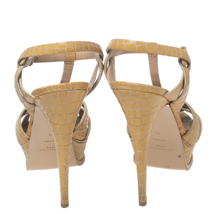 Pre Owned Saint Laurent Beige Croc Embossed Leather Tribute Platform Sandals Size 41
